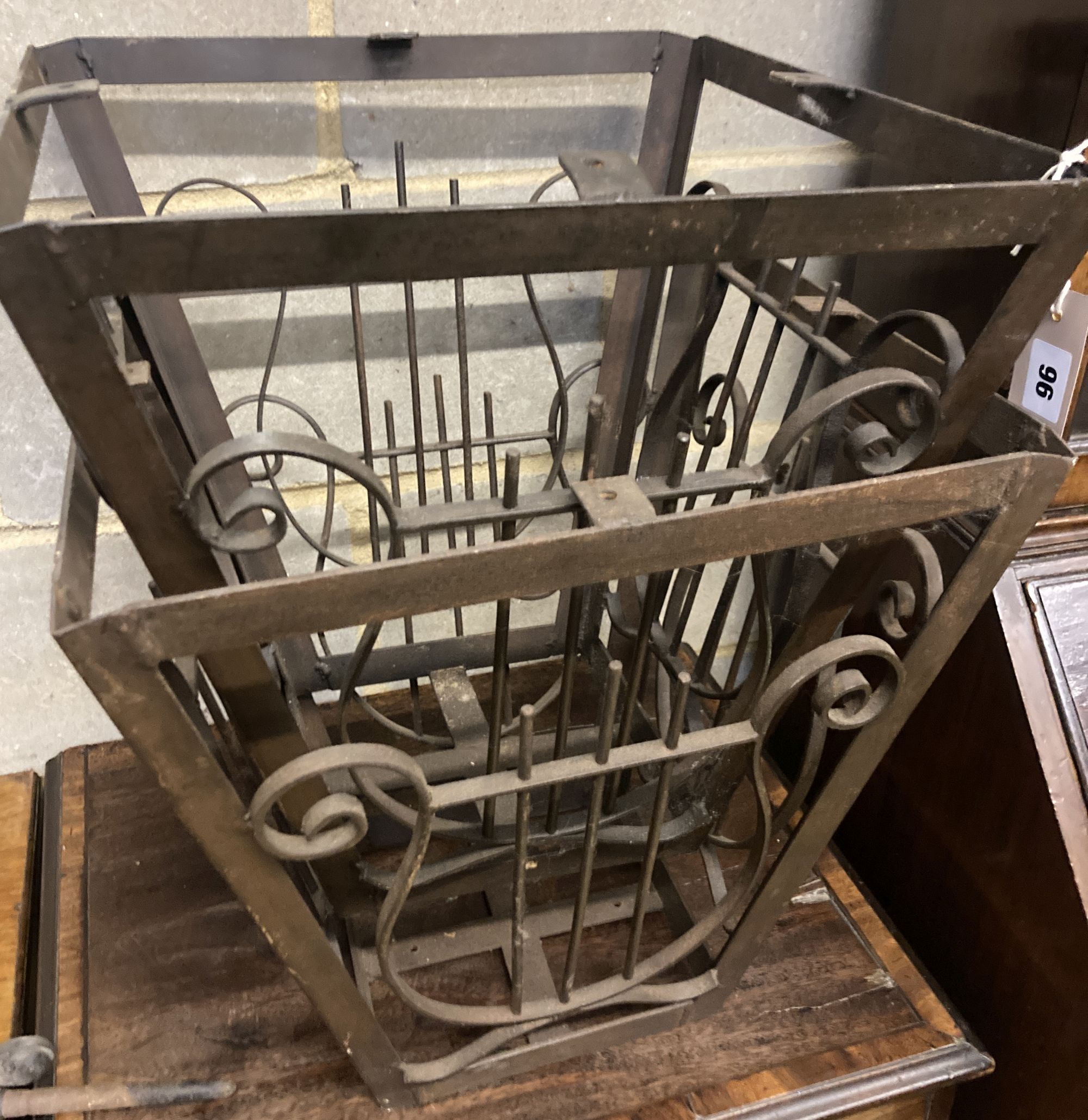A pair of square wrought iron lyre baskets, width 39cm, height 41cm